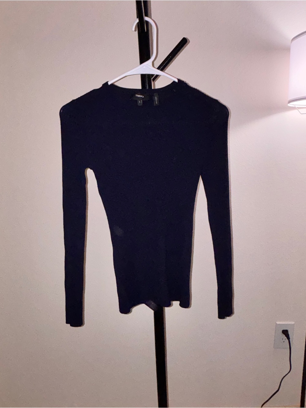 Theory Navy Ribbed Long-Sleeve Crewneck Top